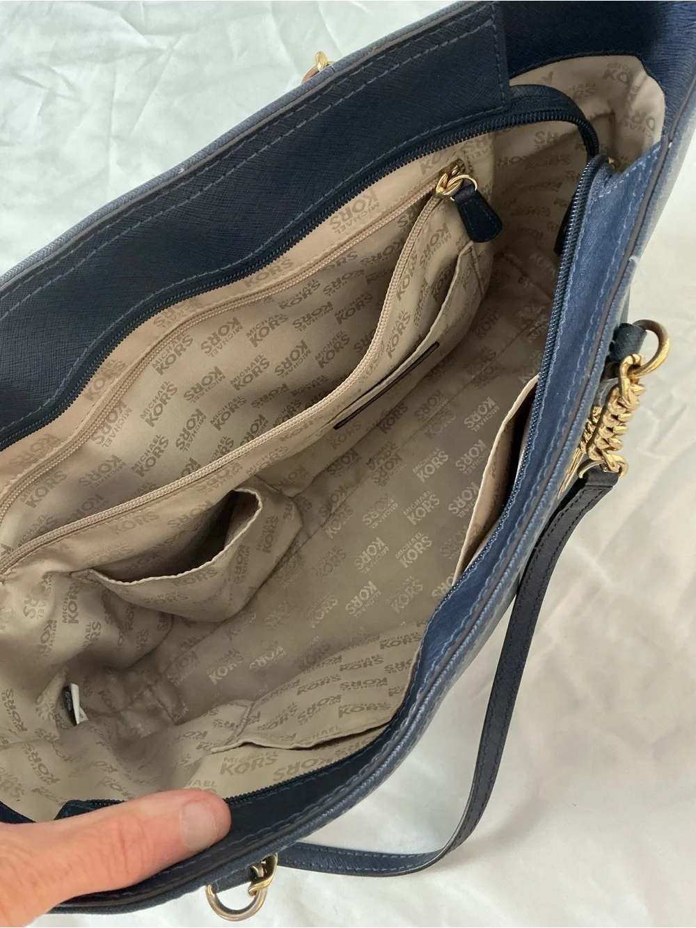 Michael Kors Navy Blue Saffiano Leather Chain Tote
